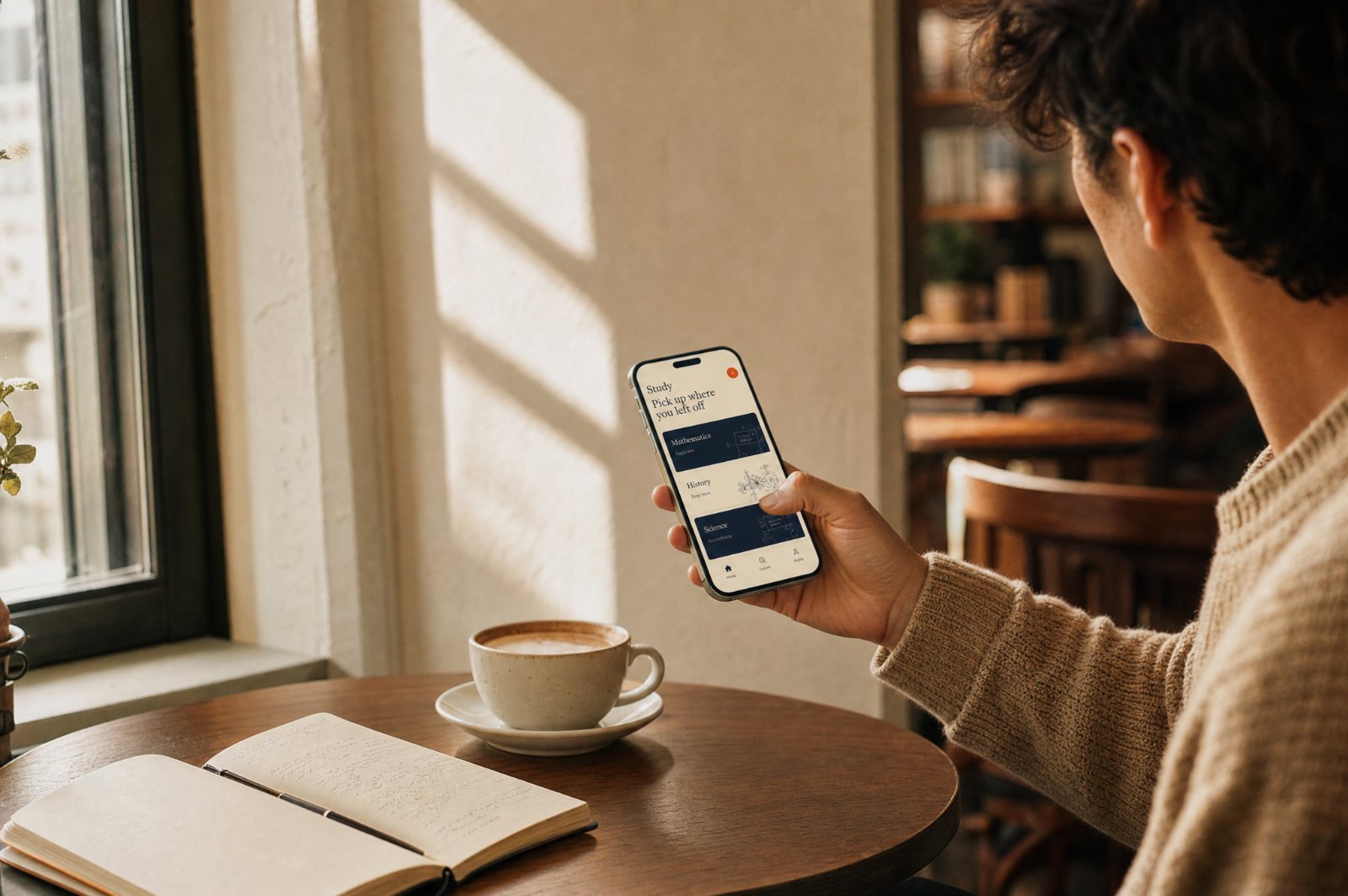 A student picking up a Klyron study session over coffee