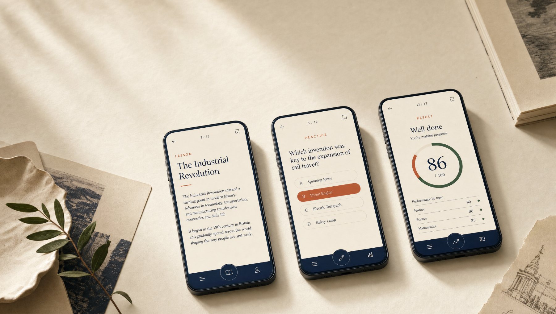 Klyron lesson, practice question, and result screens